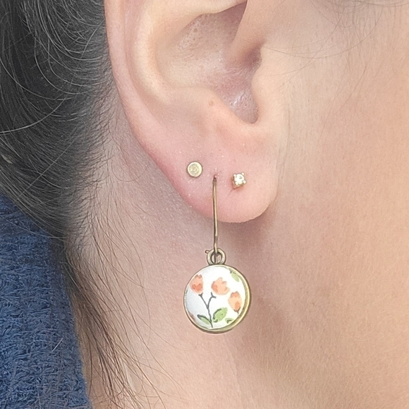 New Handmade | Yellow Floral Upcycled Fabric Button Earwire Dangle Earrings - Picture 3 of 3